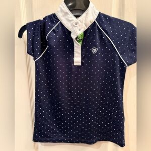 Ariat pro series girls Navy Blue Polka Dot Kids Shirt. Size medium (10)